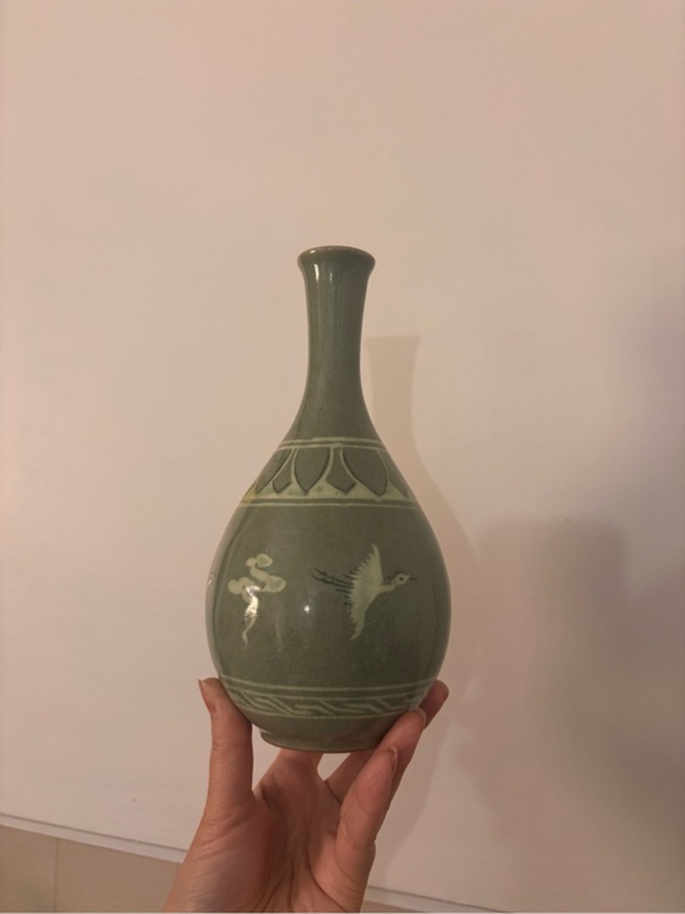 Green Celadon Ceramic Vase with Crane Motif - Home Art